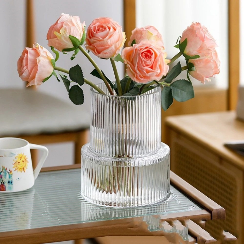 Creative Nordic Simple Glass Vase Flowers and Roses Water Nourishing Large Caliber Striped Glass Vase