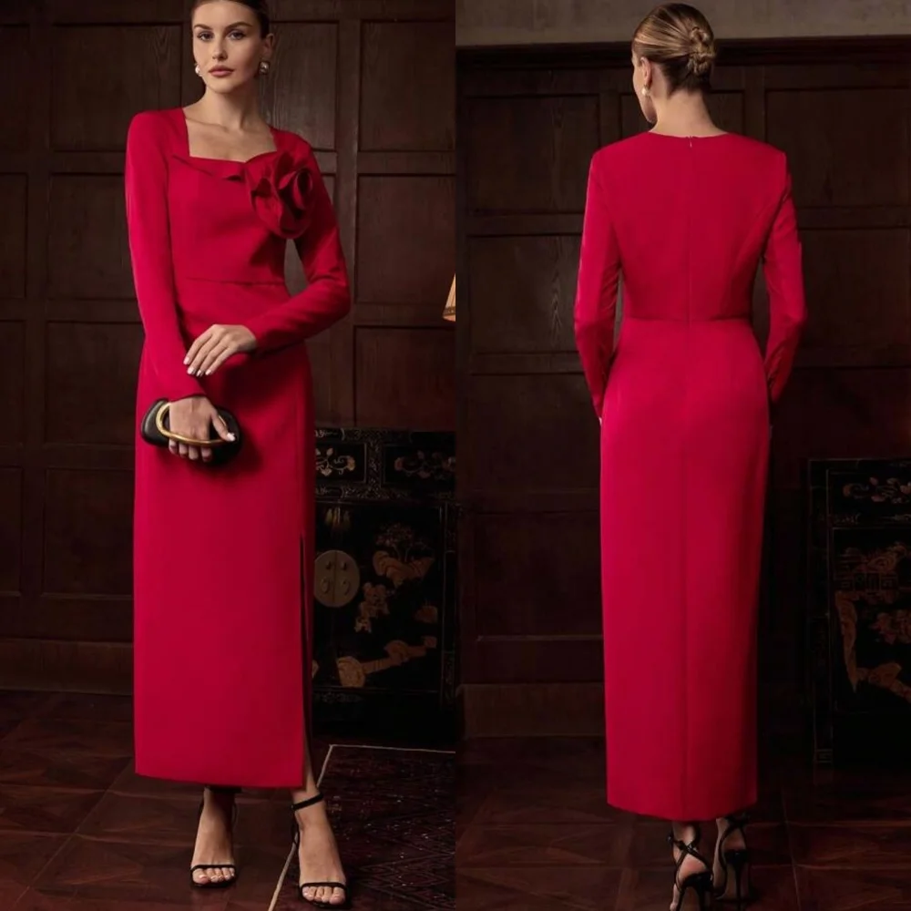 

Customized Modern Style Elegant Jersey Handmade Flower Pleat Straight Square Neck Ankle Length Dresses Bespoke Occasion Dresses