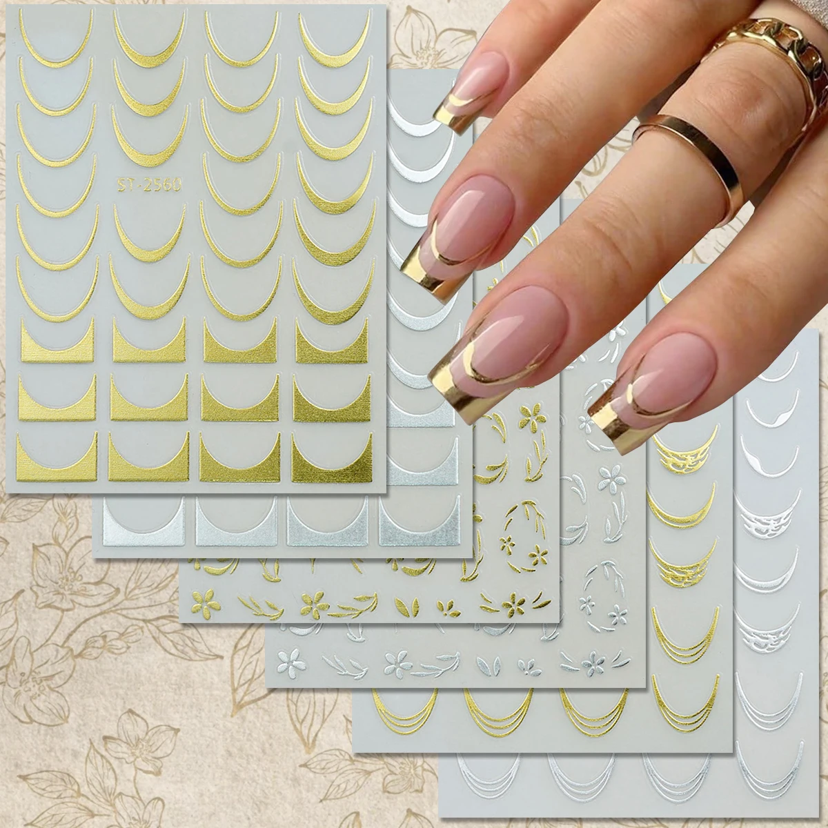 3/6/9/12/18 hojas de pegatinas de uñas de punta francesa dorada y plateada, línea de media luna metálica, calcomanías de uñas en relieve para mujeres, uñas elegantes DIY