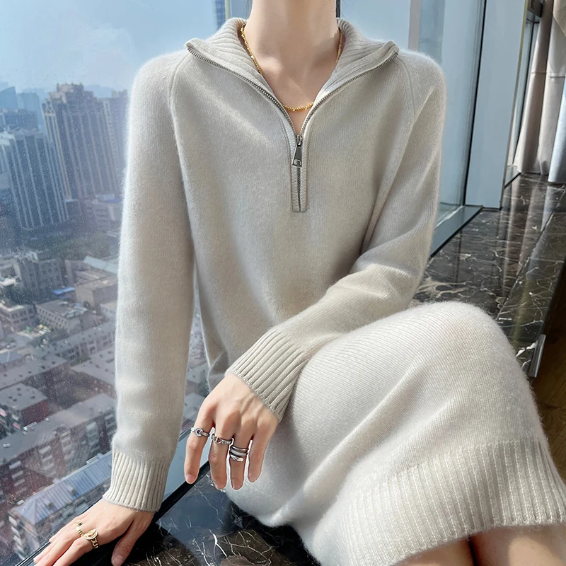 High-end zipper lapel pure cashmere sweater women\'s long over-the-knee sweater skirt loose lazy wind knit bottoming shirt