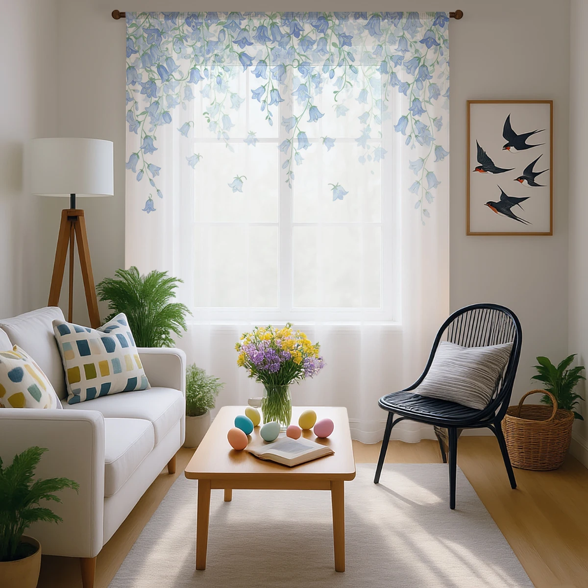1pc Blue Wisteria Vine Sheer Curtain - Watercolor Hanging Floral Pattern Pole Window Curtain for Elegant Home Decor