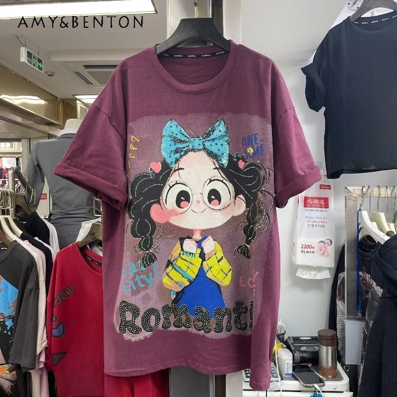 

Sweet Cute Design Heavy Rhinestone Cartoon Girl Short Sleeved T-shirt Ladies Loose Casual Versatile Top Pullovers Kawaii Tshirts