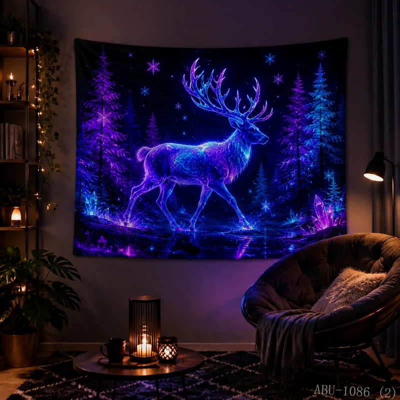 VIKAMA Neon Waterfall Secret Forest Elk Christmas Tapestry High Definition Background Cloth Holiday Atmosphere Room Decoration