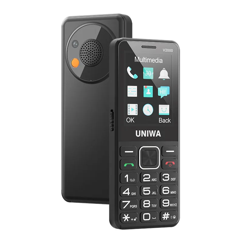 UNIWA V2000 4G-telefoon Dubbel scherm 0,3 MP camera Grote drukknop FM-radio Toetsenbord 1700 mAh Mobiele telefoon Ondersteuning met één klik bellen