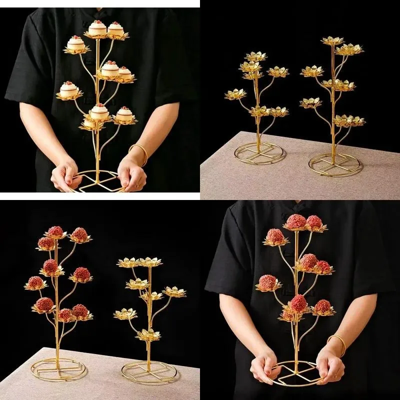 Elegant Gold Luxury Metal Tree Shaped Multi Layer Lotus Leaf Cake Dessert Display Stand for Wedding Party Buffet Catering