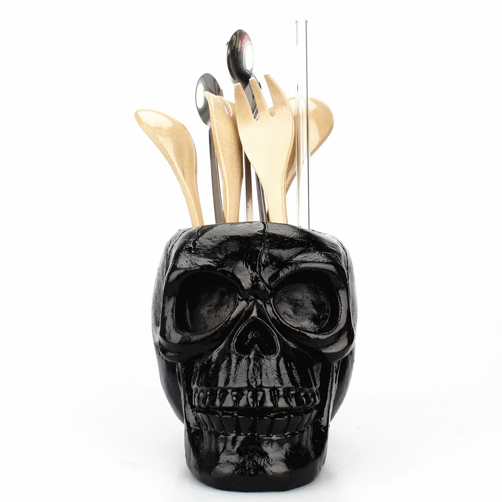 Black Skull Resin Stationery Holder Hand Painted Polished Desktop Organizer for Pens Pencils Makeup Brushes Small Plants