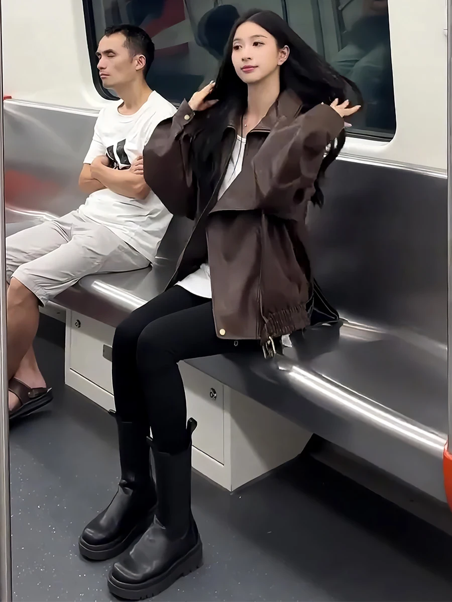 American Retro Leather Jaet Long Sve Stand Collar Women's Coat Irregular Design Spring New Sle High-End Feelings