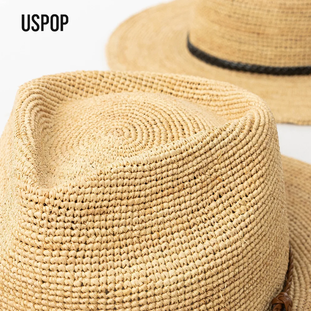 USPOP Luxury Fine Raffia Straw Fedora Hat Handmade Wide Brim Panama Style Sun Hat Summer Beach Travel Sun Protection