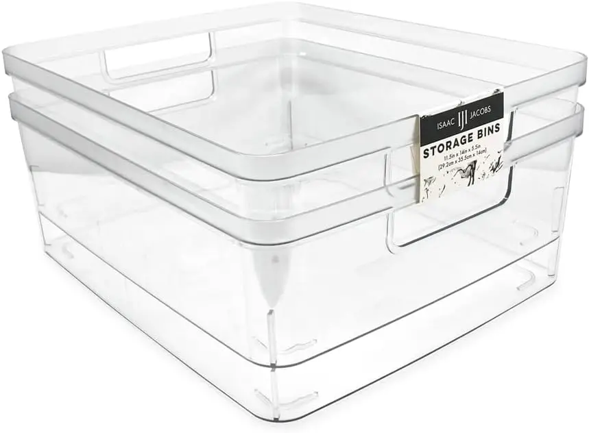 2-Pack Large Clear Storage Bins with Handles, 11.5x14x5.5 Inches, Plastic Organizer for Home Kitchen Office