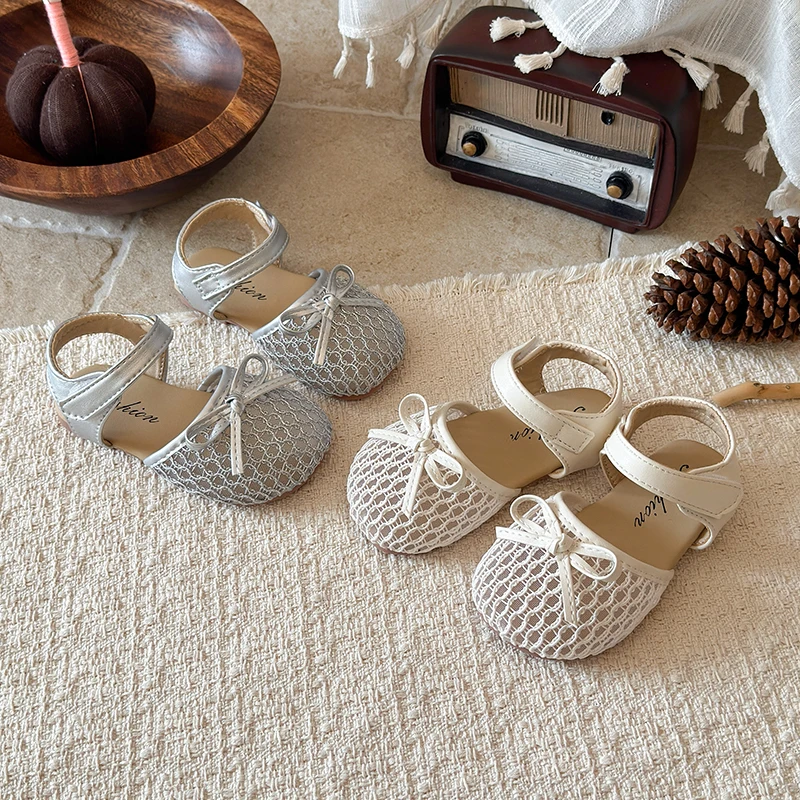Girls Half Sandals Mesh Children Toes Capped Sandals with Bow-knot Anti-slip Breathable Kids Summer Beach Shoes Soft Sole