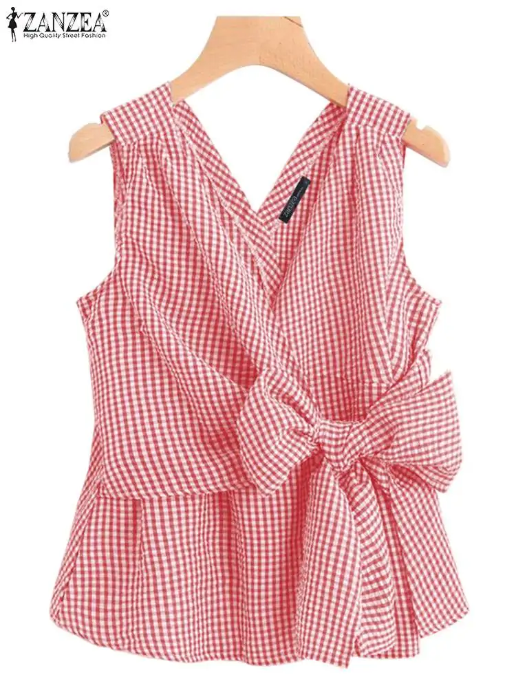 ZANZEA Fashion Women V Neck Sleeveless Plaid Checked Blouse Summer Elegant Tanks Tops Casual Lace Up Holiday Shirt Party Blusas