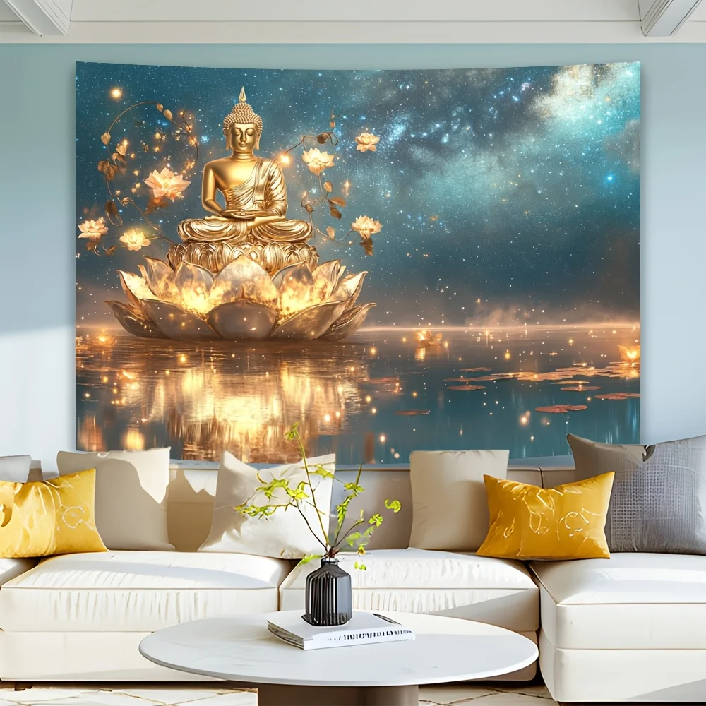 Элегантный Гобелен Будды на тему лотоса |   Дизайн Serene Night Sky и Golden Lights |   Настенный подвес из полиэстера для гостиной