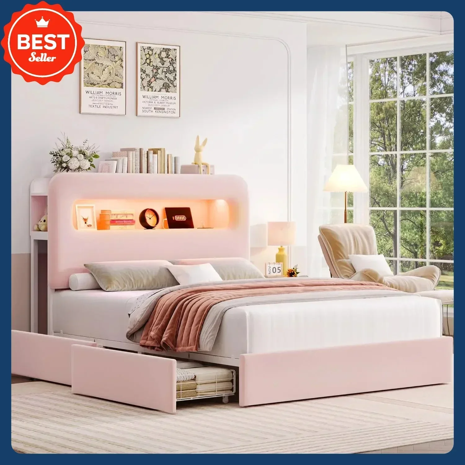 Queen LED Bed Frame with Storage Headboard and Charging Station, Girls Bed Frame with 4 Drawers and USB Ports, Velvet
