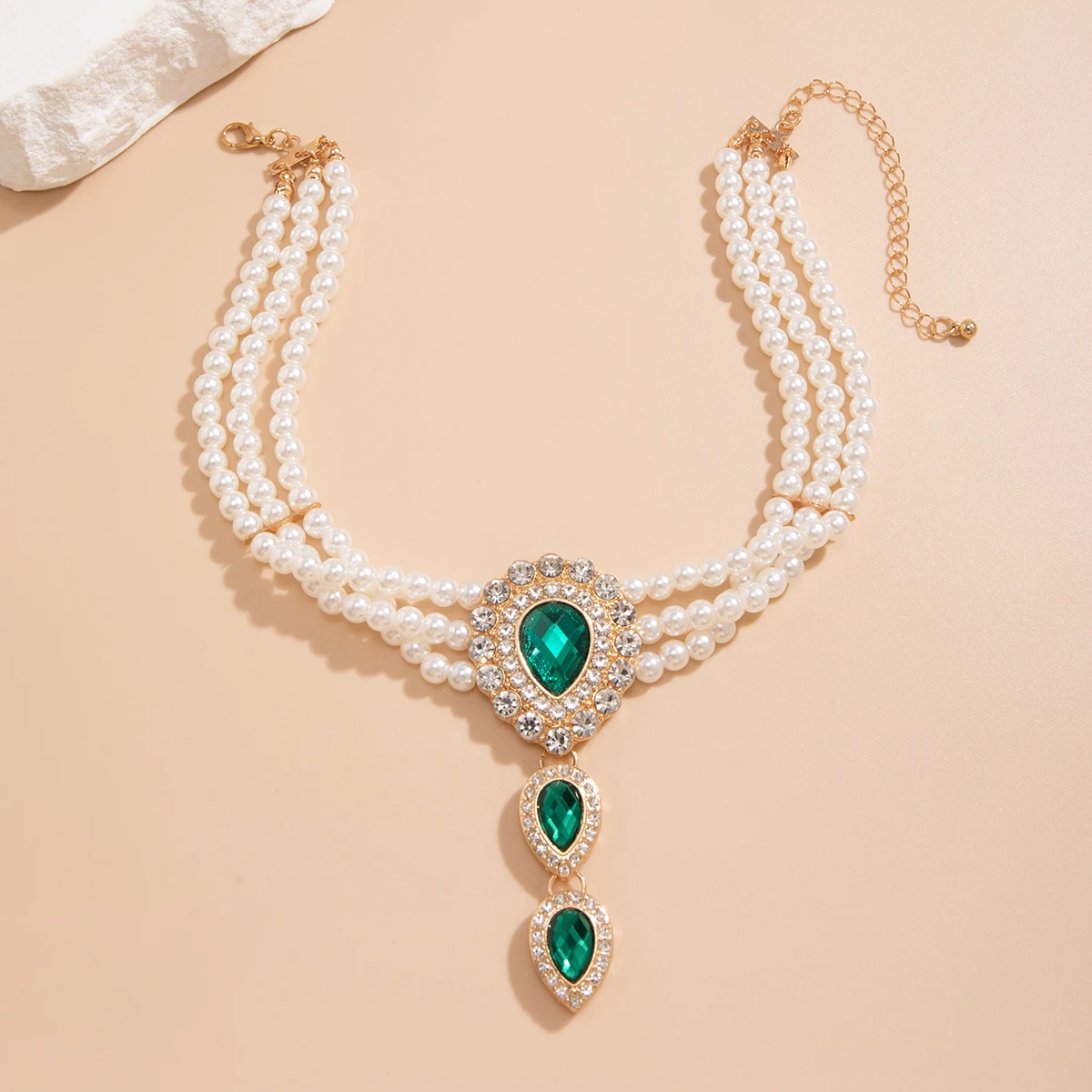 Imitation Pearl Beads with Green/Transparent Crystal Choker Necklace for Women Charms Collar Wedding Accessories Fashion Jewelry