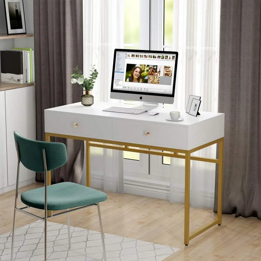 Computer Desk, Modern Simple 47 inch Home Office Desk Study Table Writing Desk with 2 Storage Drawers, White and Gold