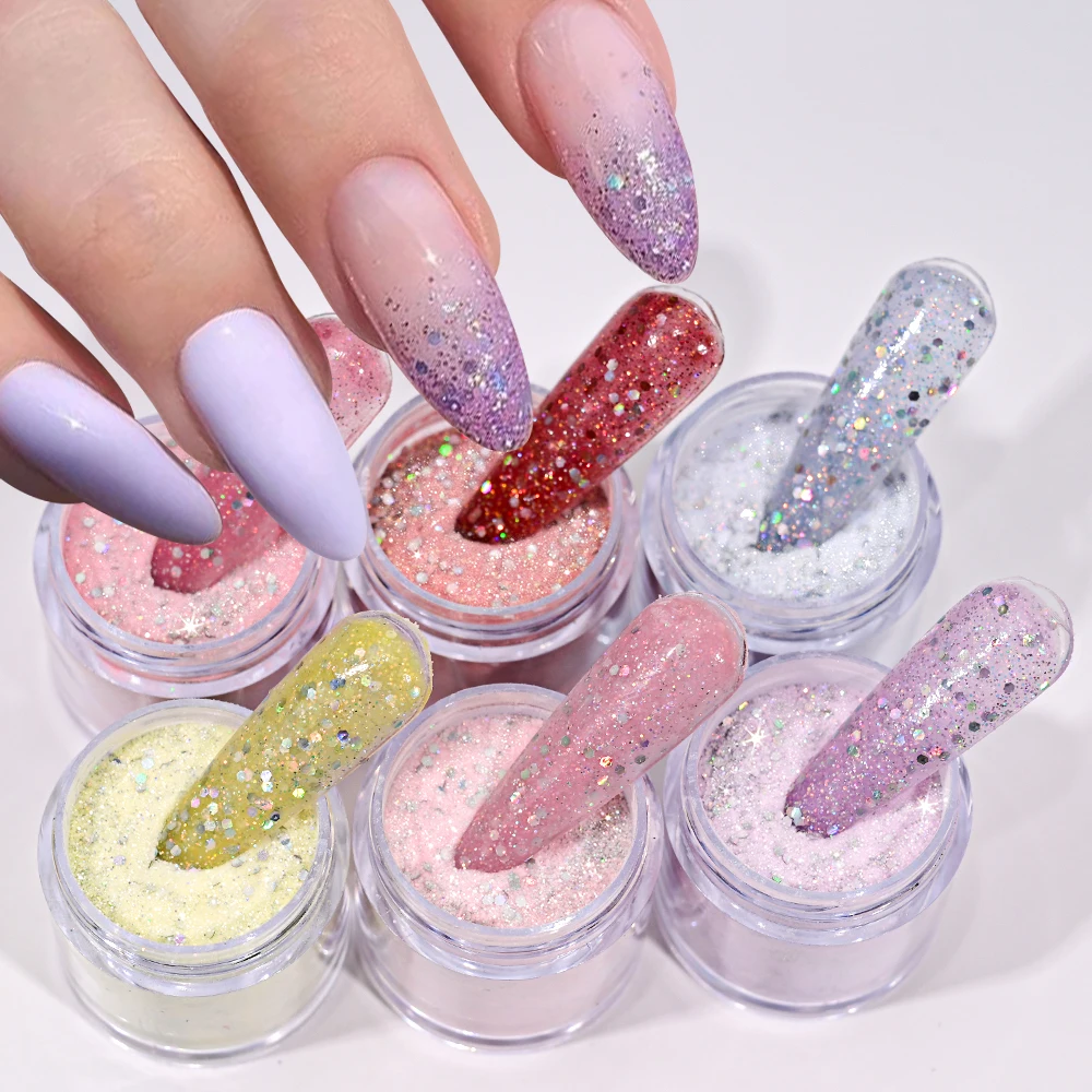 6 pçs/set rosa/roxo/azul acrílico prego em pó mix glitter lantejoulas 3-em-1 profissional extensão do prego/escultura/mergulhando em pó