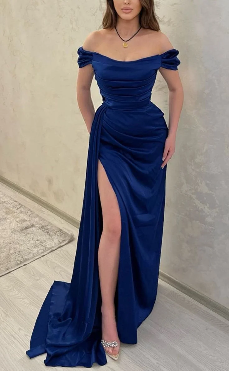 Green Evening Dresses Navy Blue Off Shoulder Stretchy Satin Mermaid High Slit Pleats Formal Party Women Prom Gowns Custom Made