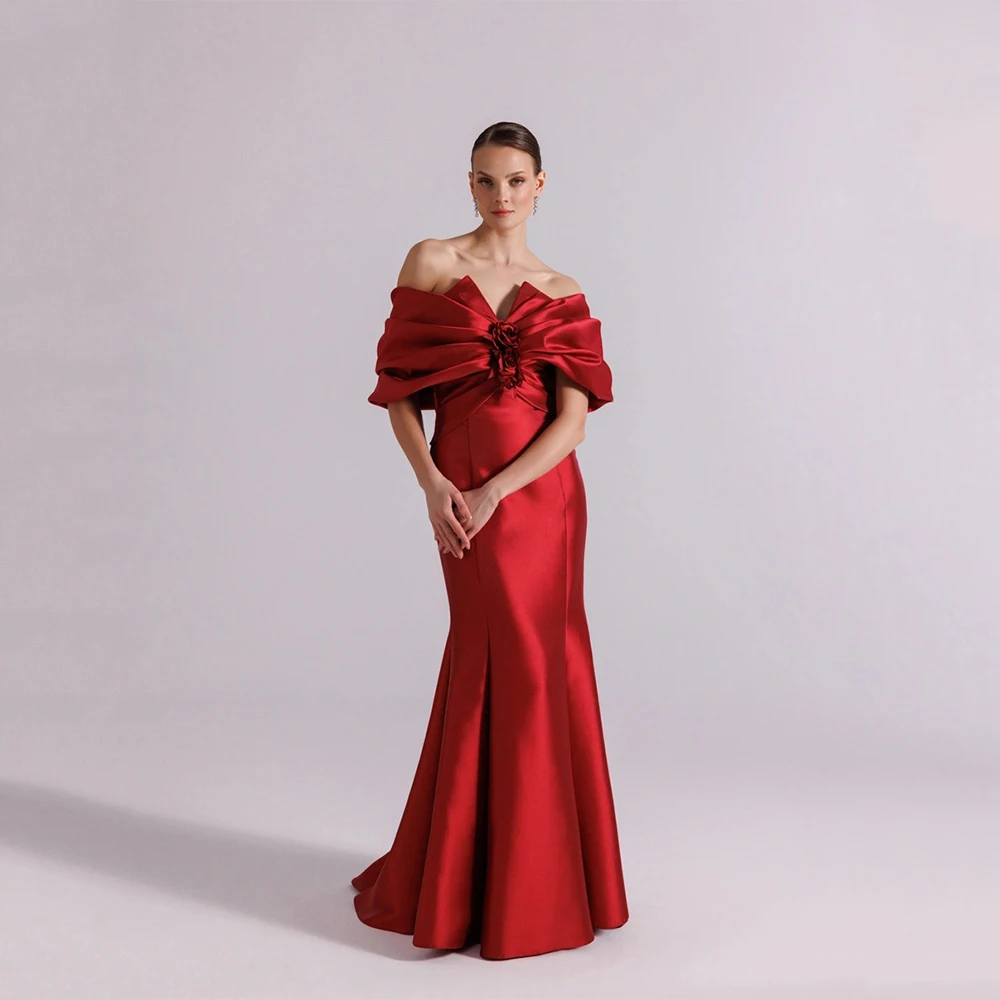 

Dream Red Classic Evening Dress Satin for Floor-Length Off the Shoulder Prom Dress Flowers Mermaid Vestidos De Fiesta Customized