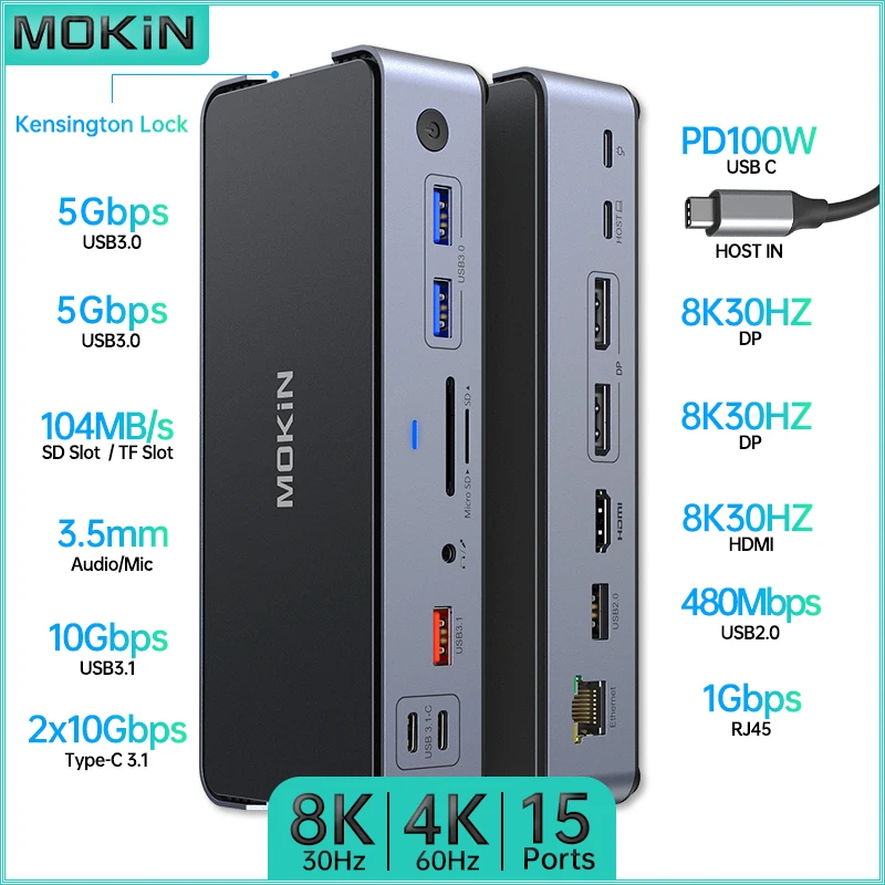 

Док-станция USB C MOKiN 15 в 1 HDMI DP USB 3.0 3.1 SD/TF RJ45 Аудио PD для Mac iPad Ноутбука 8K 30HZ, Три Канала 4K 60HZ