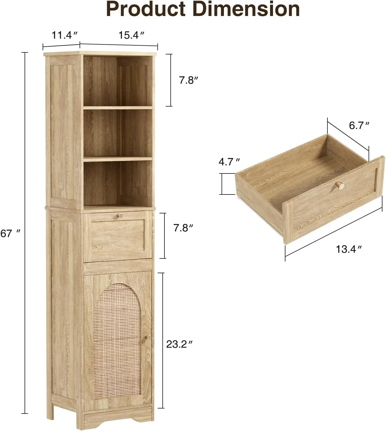 خزانة حمام من الروطان الطبيعي مقاس 67 بوصة مع أرفف قابلة للتعديل