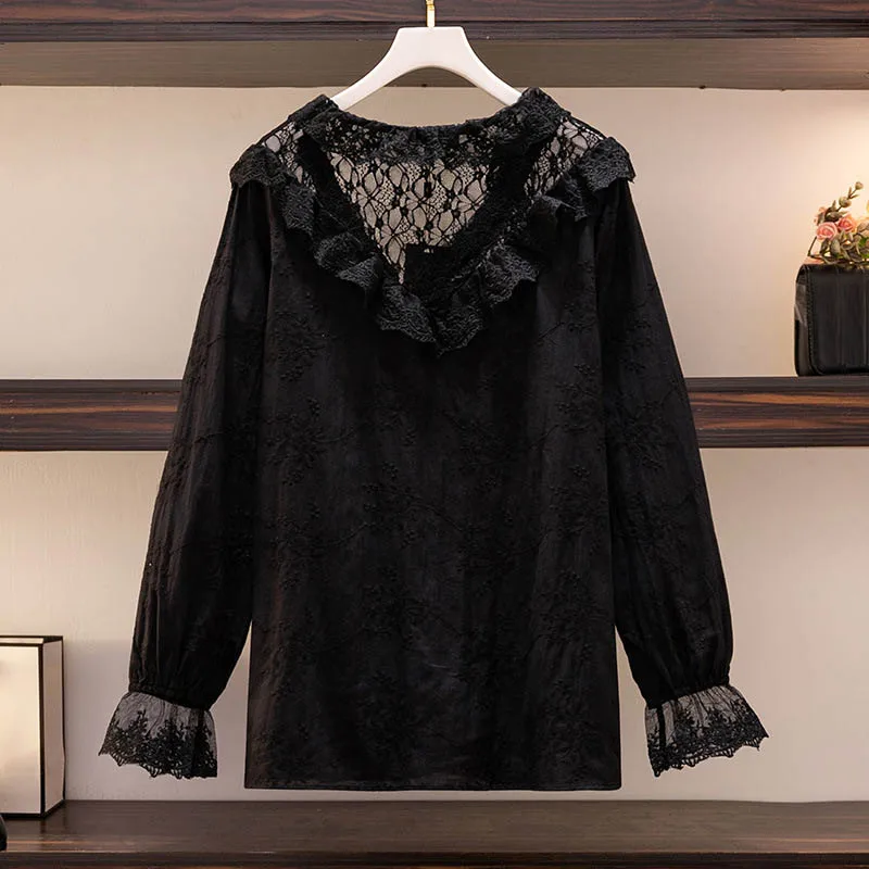 150Kg Plus Size Women\'s Bust 153 Spring Loose Embroidery Hollow Lace Shirt Ruffle Lantern Sleeve Top 5XL 6XL 7XL 8XL 9XL