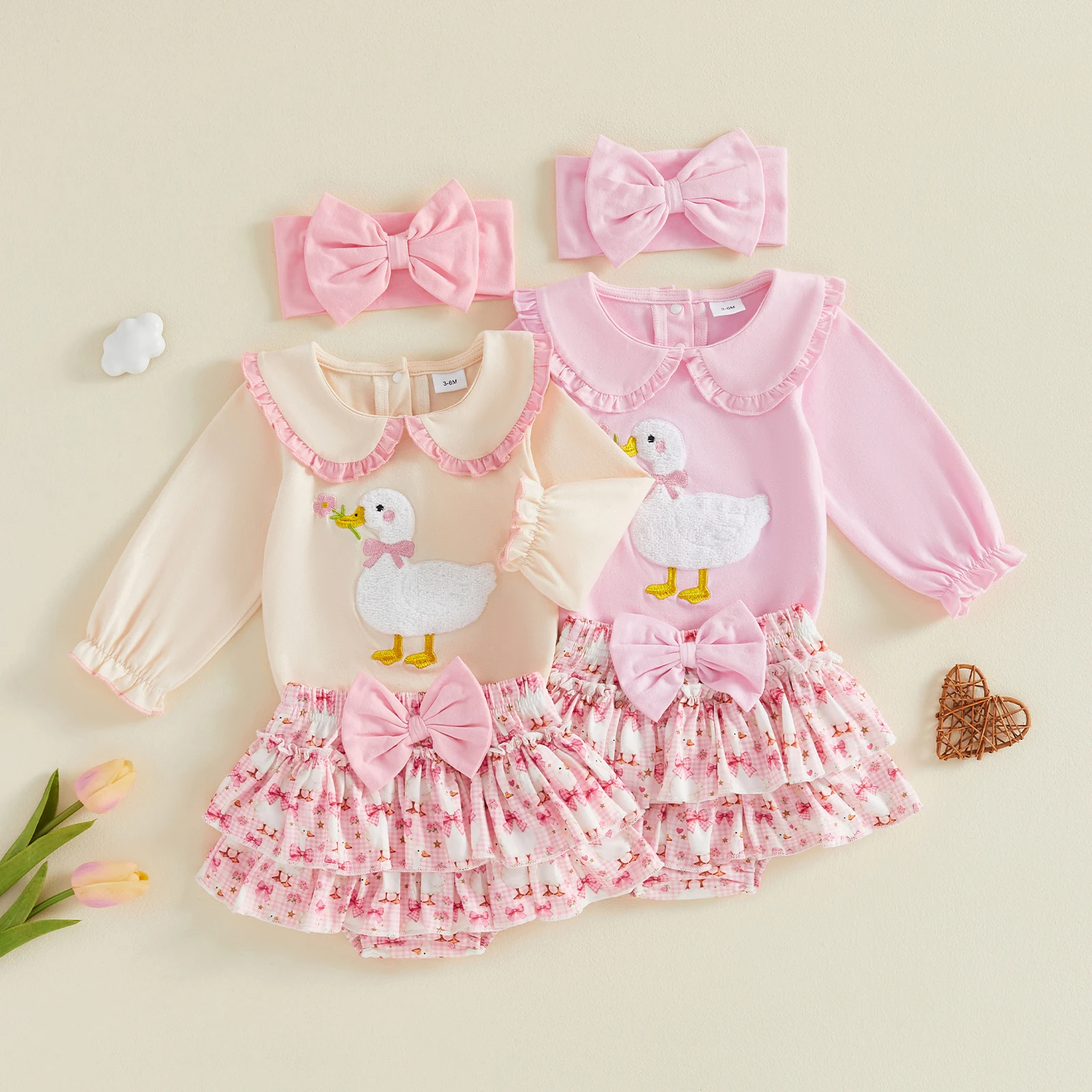 3Pcs Set Infant Baby Girl Fall Outfit Sweet Long Sleeve Goose Embroidery Romper with Skort Headband
