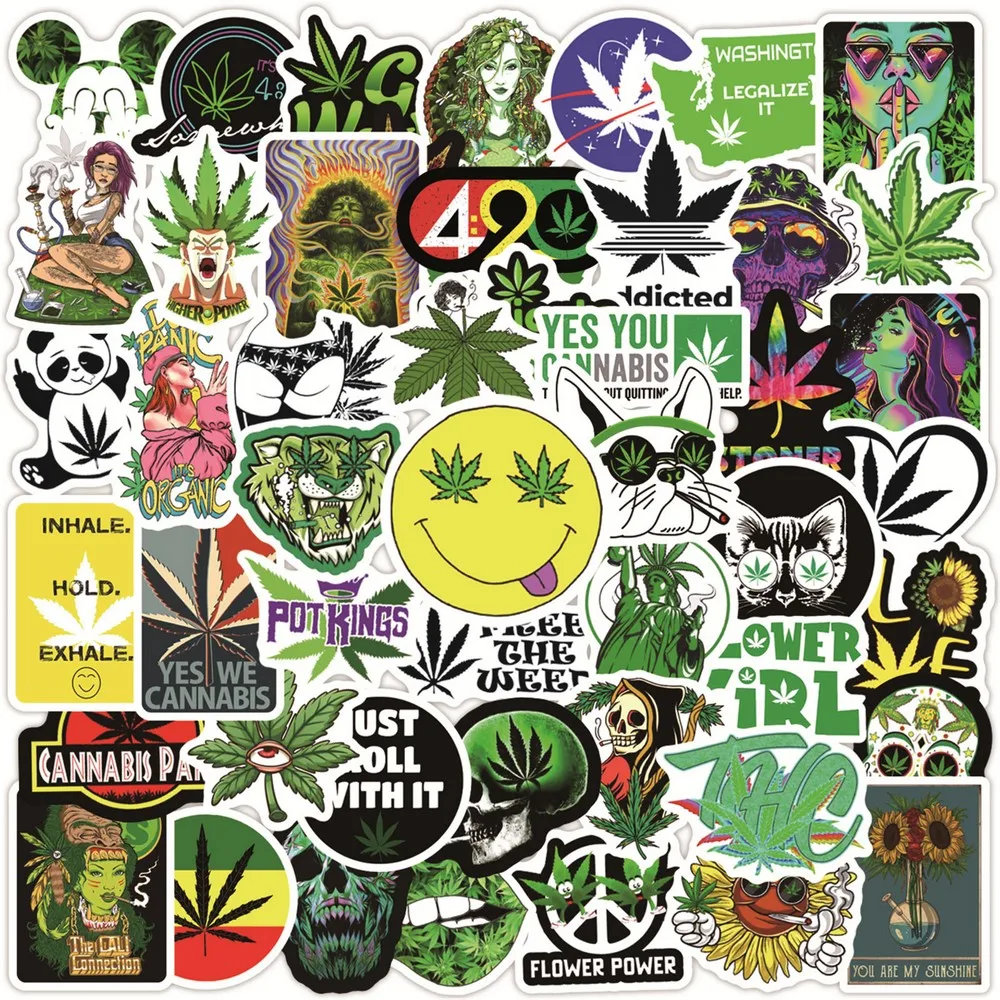 10/20/50 Cool Hemp Leaf Weed Stickers Laptop Phone Case Car Bike Scooter Skateboard Waterproof Vinyl Sticker for Adults Toy