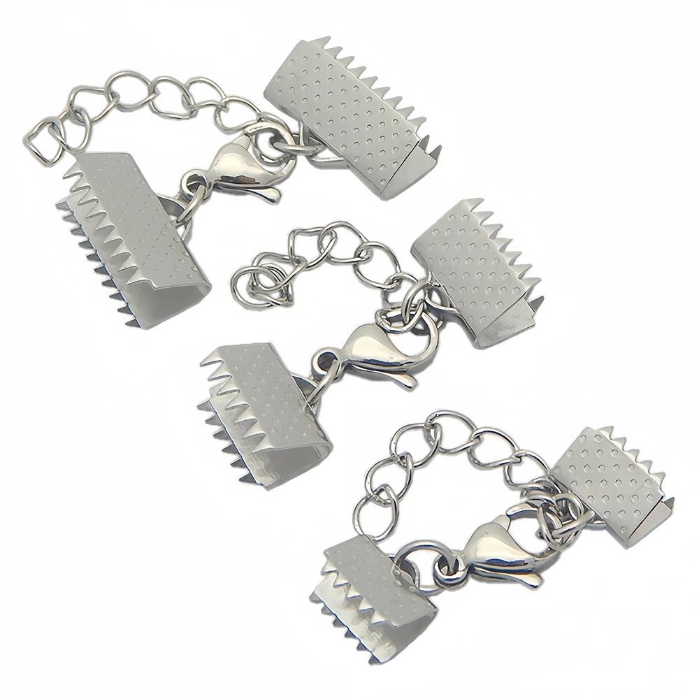 5pcs Stainless Steel Ribbon Leather Ends Lobster Claw Clasps Extension Chain Connector Fastener Clasps for Bracelet DIY Making
