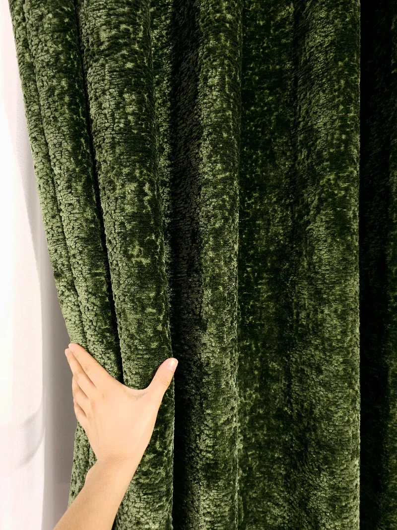 Luxury Dark Green Chenille Curtains Thick Warm Windproof Drapes for Living Room Bedroom Villa French Window Customizable Design