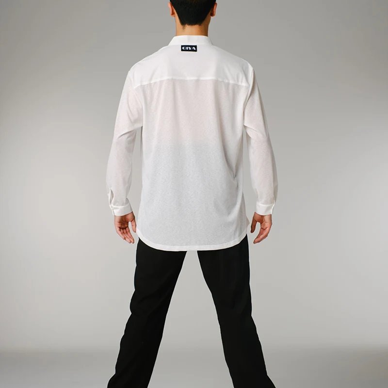 2025 남성용 새로운 라틴 댄스 대회 의류 흰색 긴팔 셔츠 차차 룸바 탱고 성인 라틴 댄스웨어 DQS20660