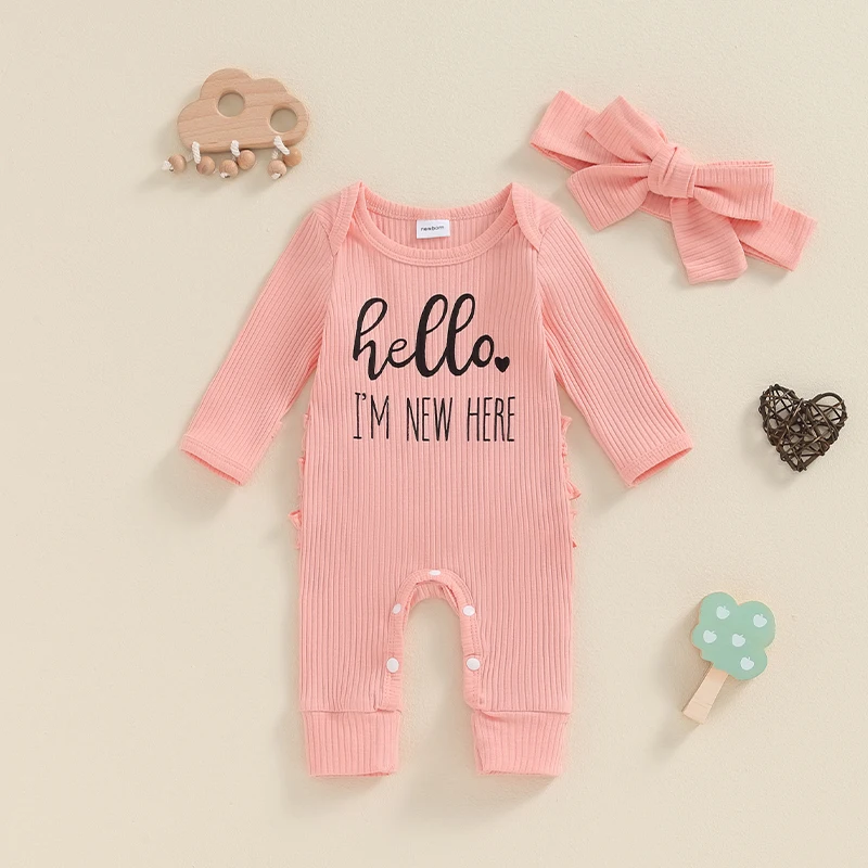 Newborn Baby Girl Romper Clothes Ribbed Letter Print Im New Here Long Sleeve Bodysuit 1Piece Jumpsuit Outfit with Headband