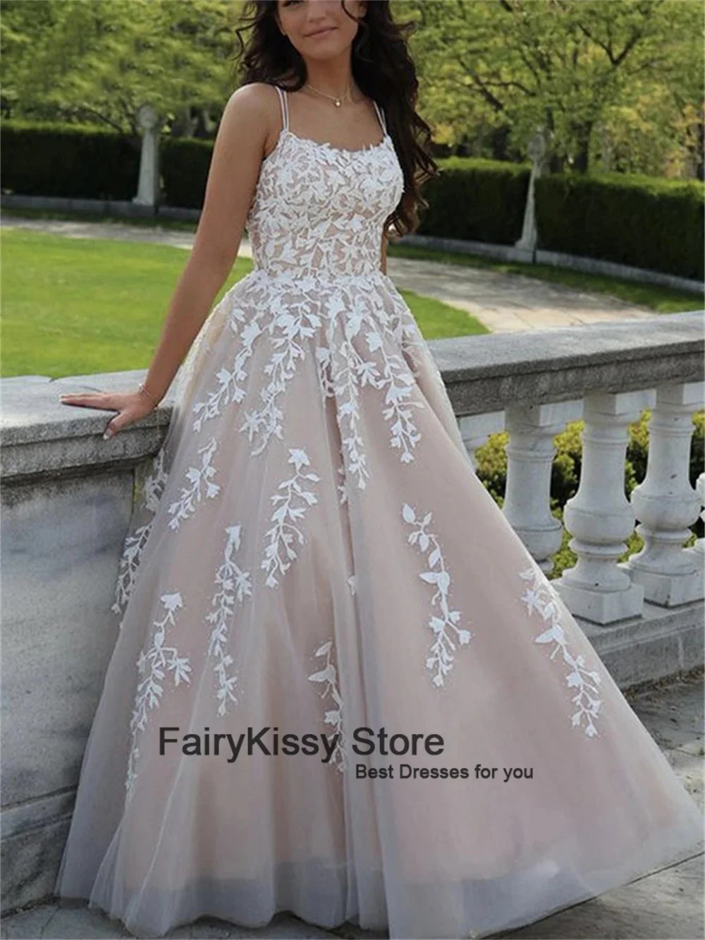 FairyKissy Champagne Lining Women Wedding Dresses Vintage Spaghetti Straps Appliques A Line Tulle Bridal Gown Custom Made