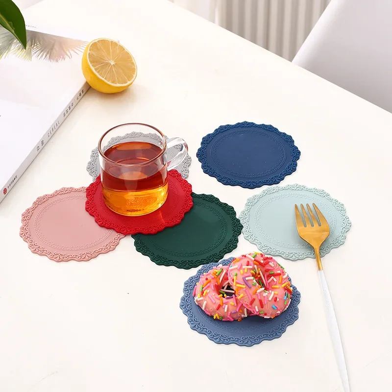 

3pcs Silicone Placemat Round Flower Coffee Dinner Table Mat Embossed Pink Coaster Heat Resistant Kitchen Tableware Dining Mat