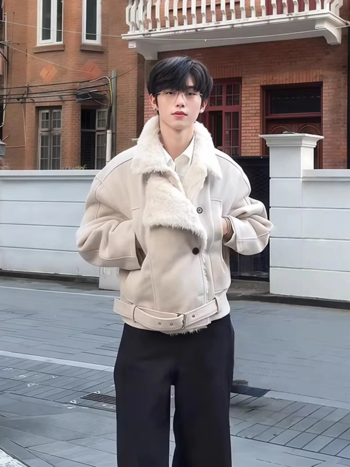 

American Sle Thiened Winter Coat for Men with Lamb Fur Collar Cotton Jaet Woolen Waistcoat Youth Faion Warmth