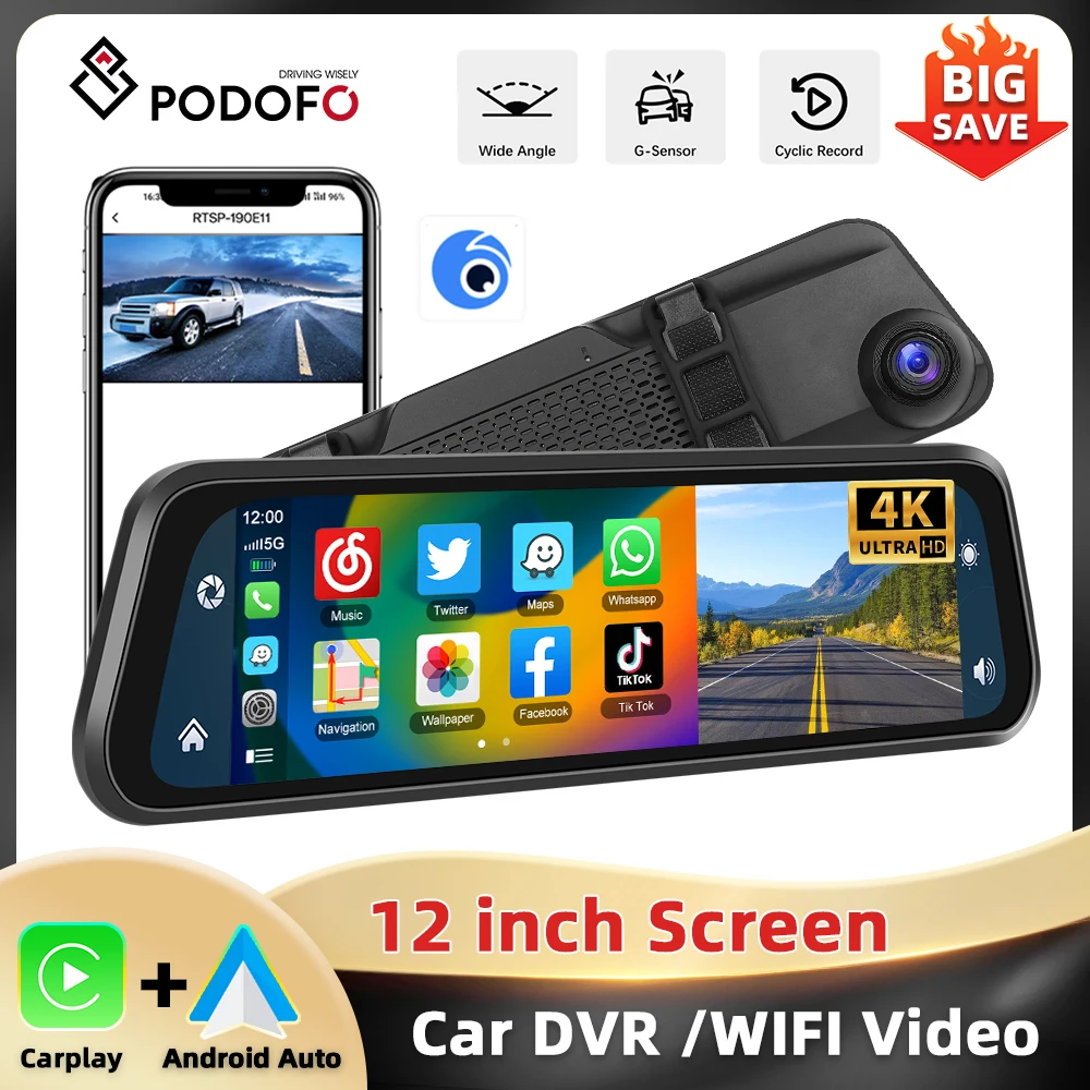 Podofo 12'' Auto-Spiegelmonitor 4K Ultra HD Aufnahme Frontkamera Auto-DVR Carplay Android Auto WIFI Sprachsteuerung Zwei-Wege-Video