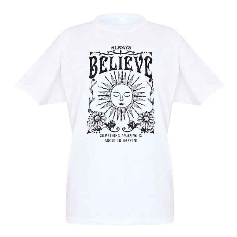 Vintage Witch Tee Shirt Always Believe Women Oversized Inspirational T Shirt Retro Celestial Mystical T-Shirts Hippie Boho Tops