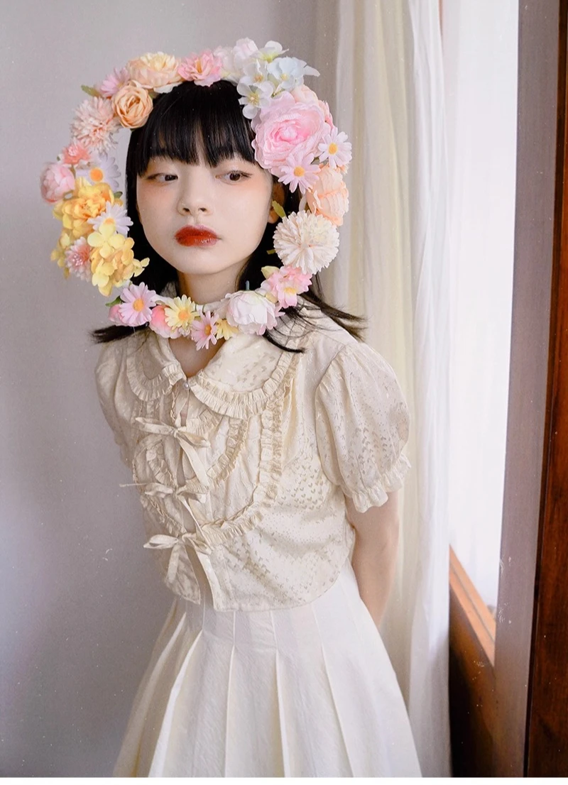 Sweet Lolita Girl Heart Shape Jacquard Cute Bow Short Sleeve Shirt Summer Peter Pan Collar Versatile Age-reducing Lace-up Top