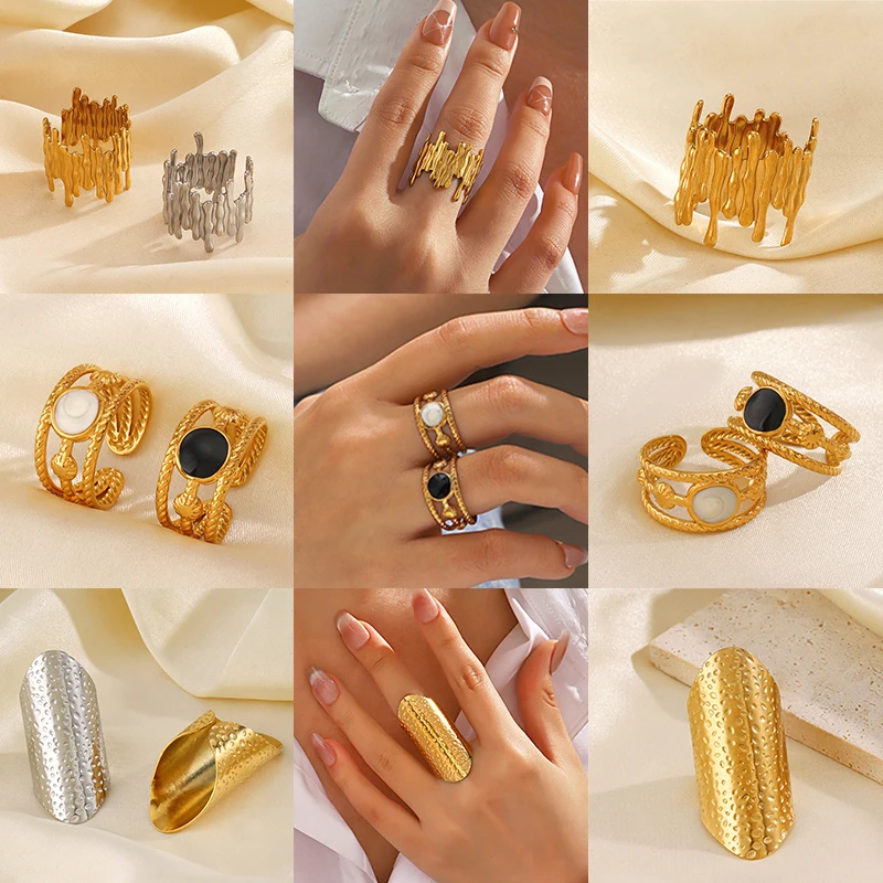 Punk Stainless Steel Irregular Vertical Bar Ring Women Golden Exaggerated Jewelry Ladies Black Round Crystal Rings Accessories