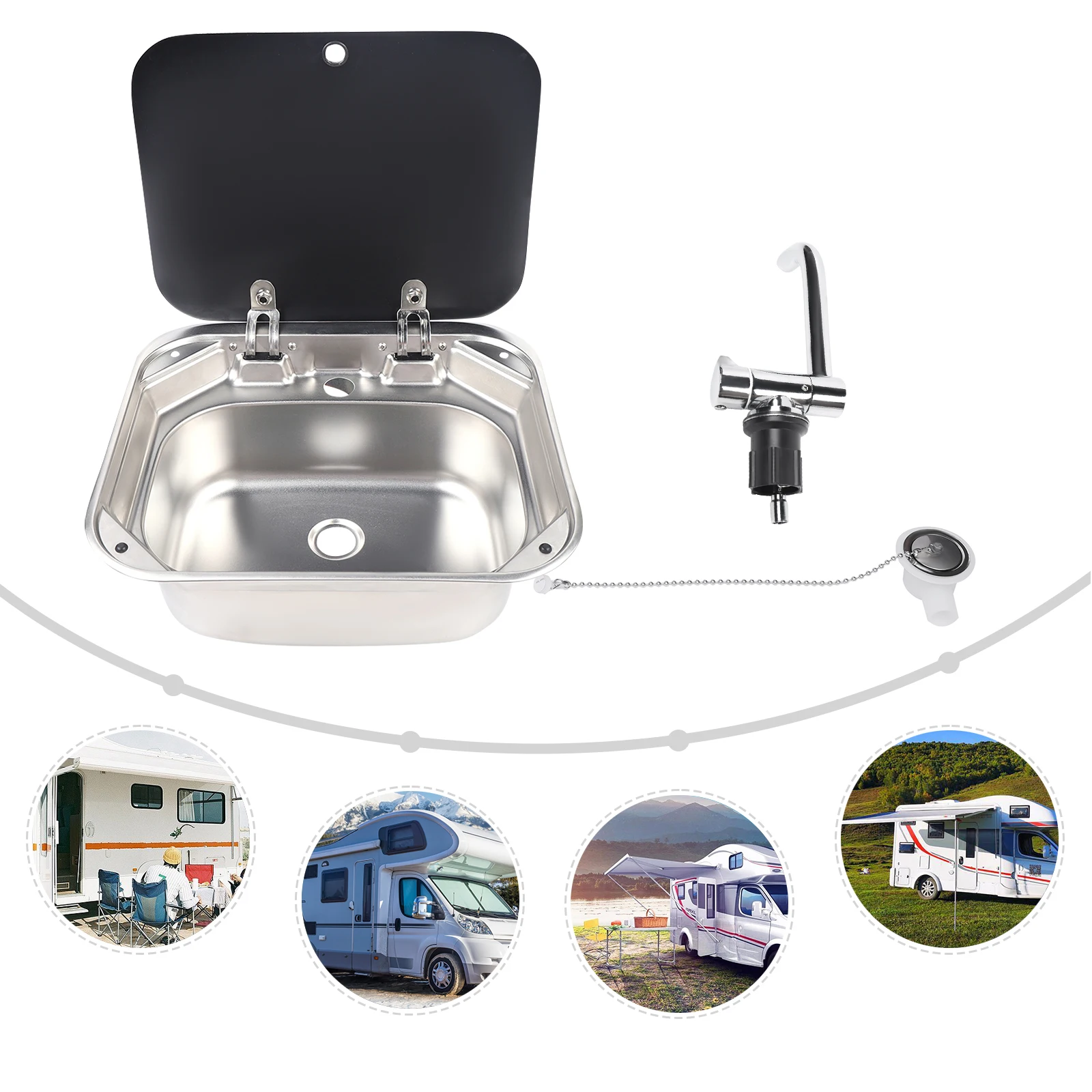 

RV Sink Stainless Steel Kitchen Hand Wash Basin Sink with Cold Water Pipe Hot Water Pipe for Camper Trailer, Bars, Hotels, Cafes