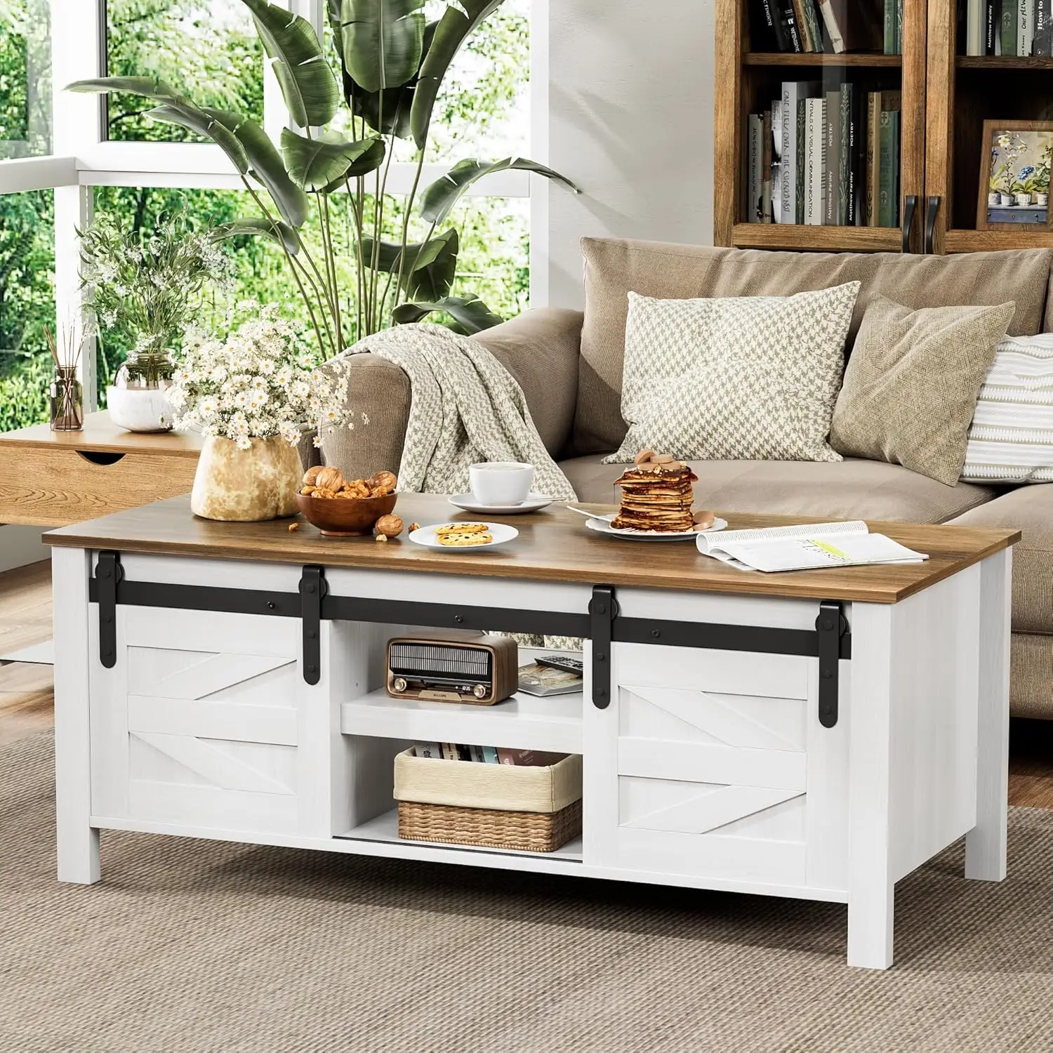 Farmhouse Coffee Table with Storage & Sliding Barn Doors, Modern Rustic Living Room Table with Adjustable Shelves, Antique White