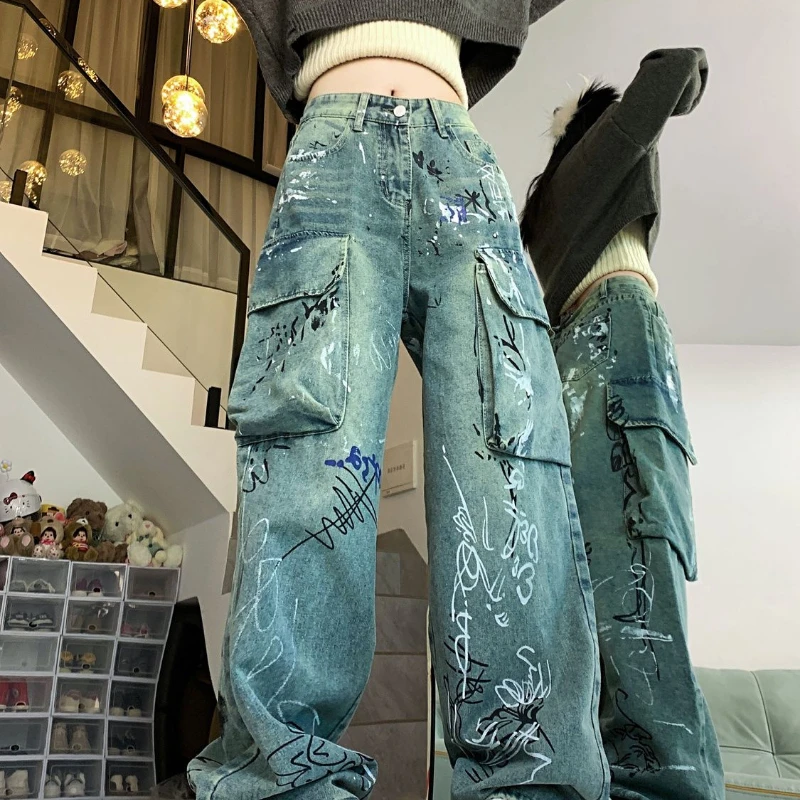 Women Denim Pants Blue Work Pants Woman's Clothing Baggy Trouser Prints Baggy Trouser Vintage Designs Y2K Casual Solid  Autumn