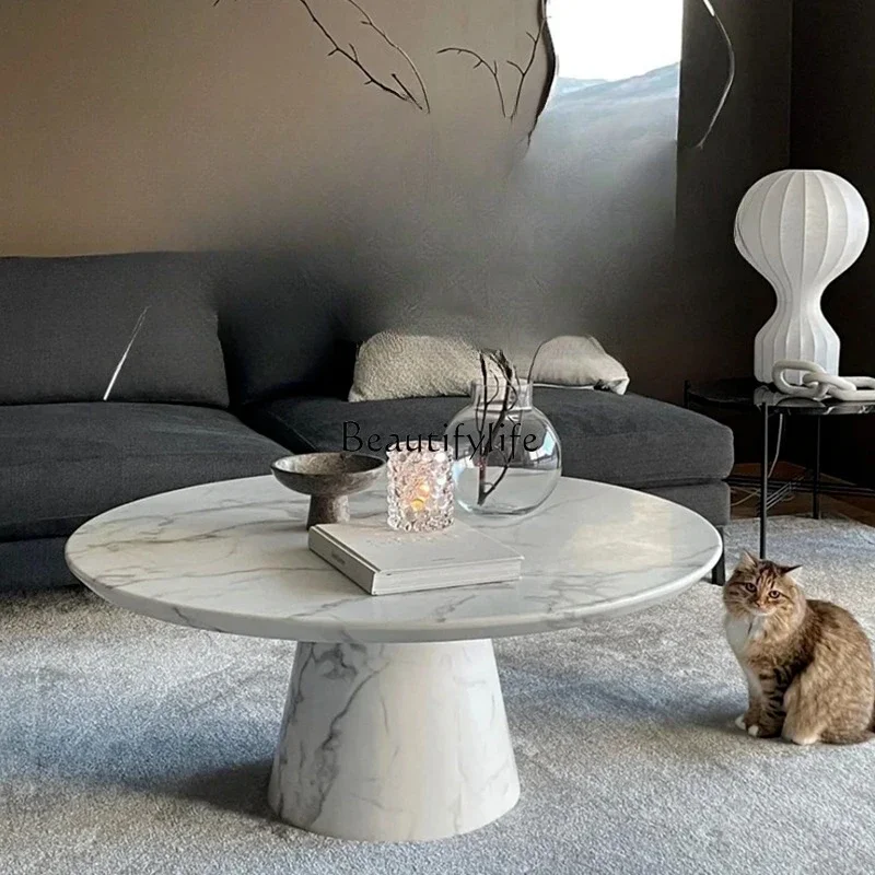 

5Natural marble round coffee table modern simple cream style