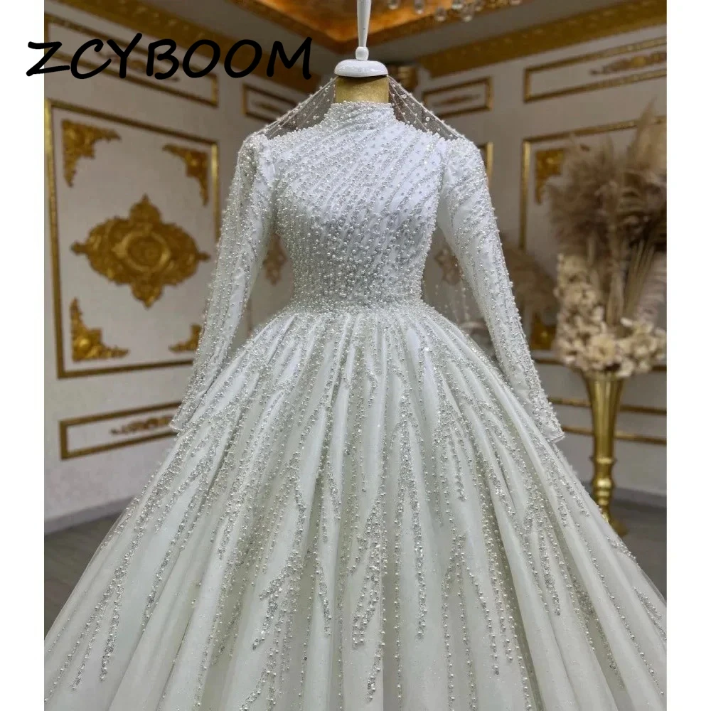 Customized Luxury High Neck A-line Wedding Dresses Court Train Satin Pearls Bridal Gown 2026 Long Sleeves Vestido De Noiva