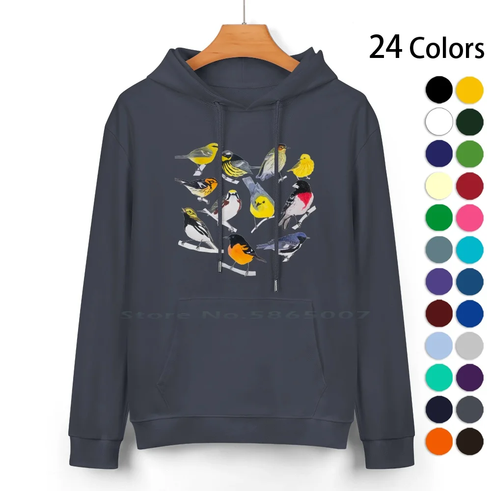 Springtime Birds Pure Cotton Hoodie Sweater 24 Colors Birds Warbler Nature Colorful Animals Watercolor Oriole Grosbeak Rose