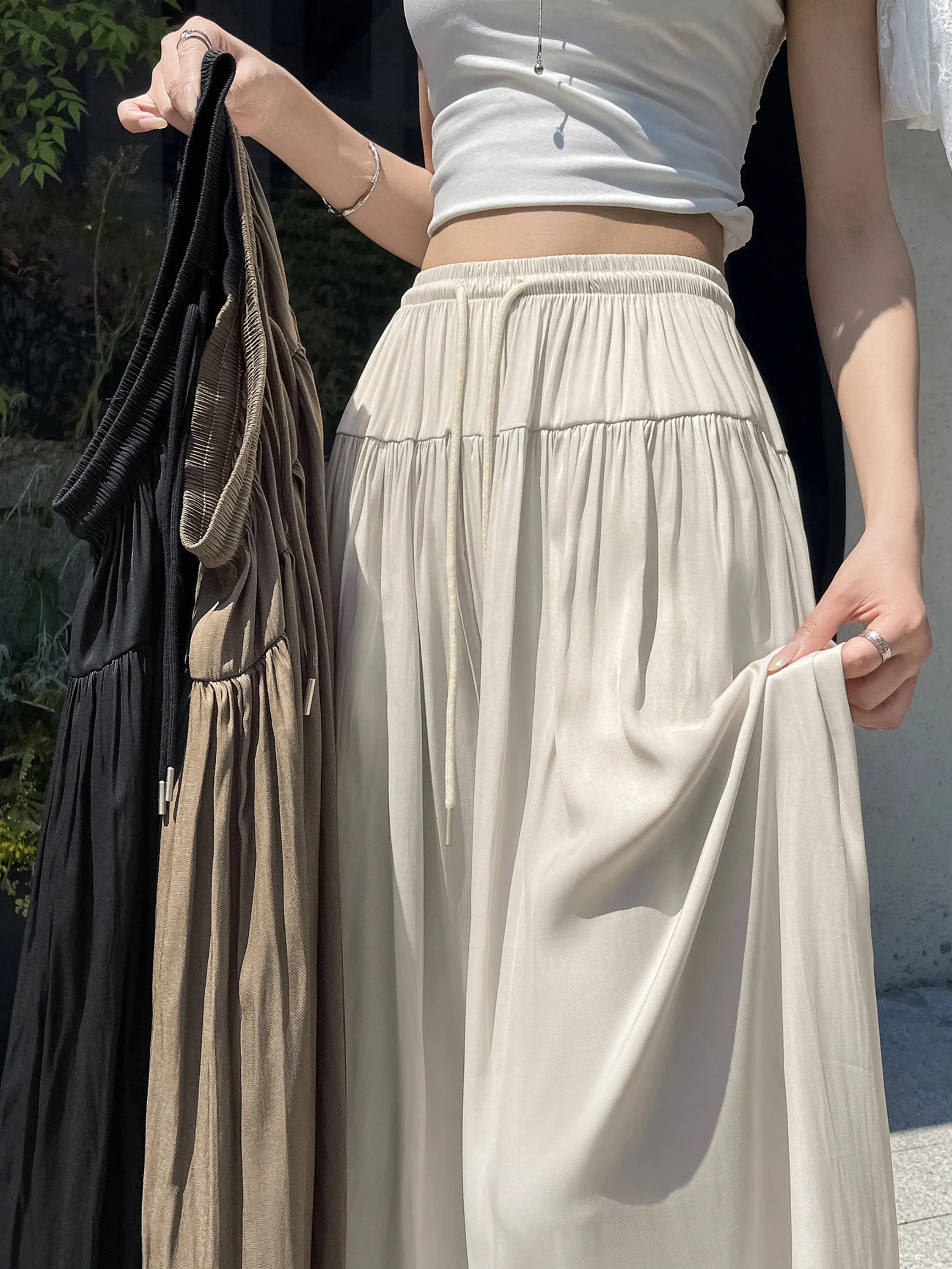 

Ice Silk Drawstring Wide Leg Pants Women's Summer New Loose Slimming Casual Drapey Versatile High Waist Commute Style