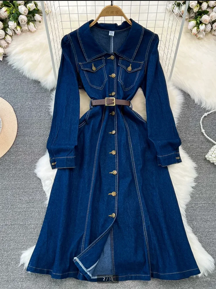 2025 Spring Autumn New Long Denim Dresses Women's Korean Long Sleeve Laps Waist Slimming Single Breasted A Shirt Jeans Dress