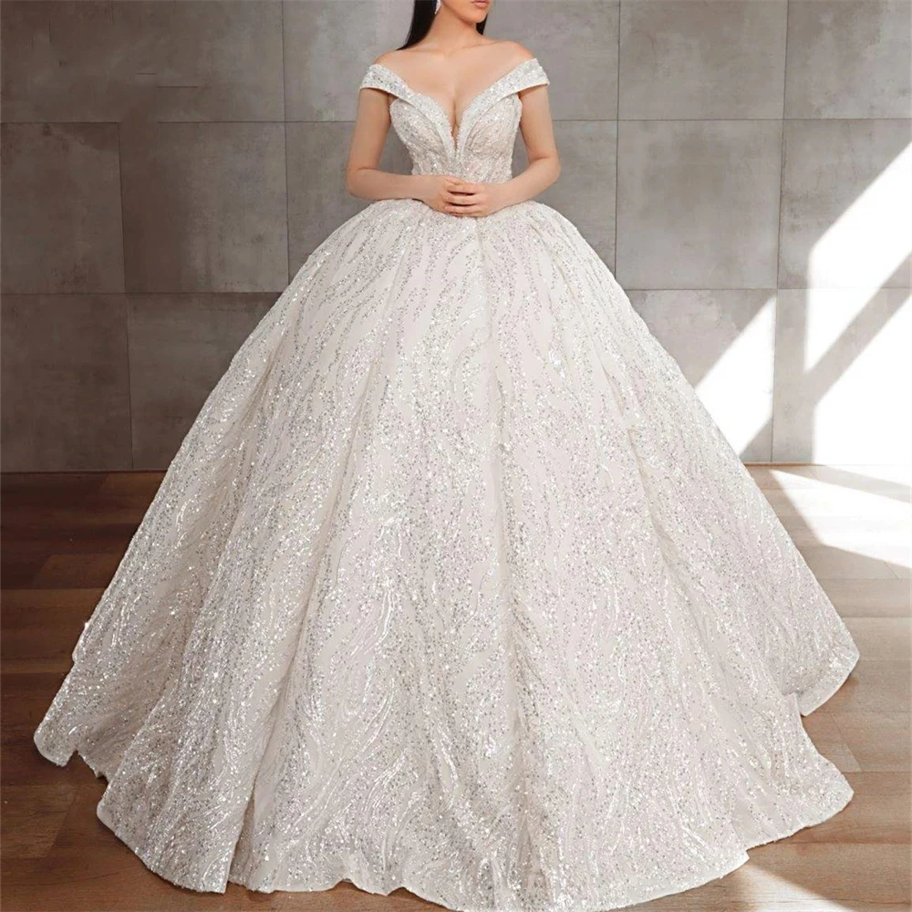 

Graceful Sequine Beading Off Shoulder Wedding Dresses Backless Short Sleeves Bride Ball Gowns Custom Made Robes De Mariée