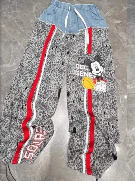 European Leopard Print Patchwork Jeans for Women 2025 New Style Personality Patchwork Elastic Waist Cartoon Long Pants