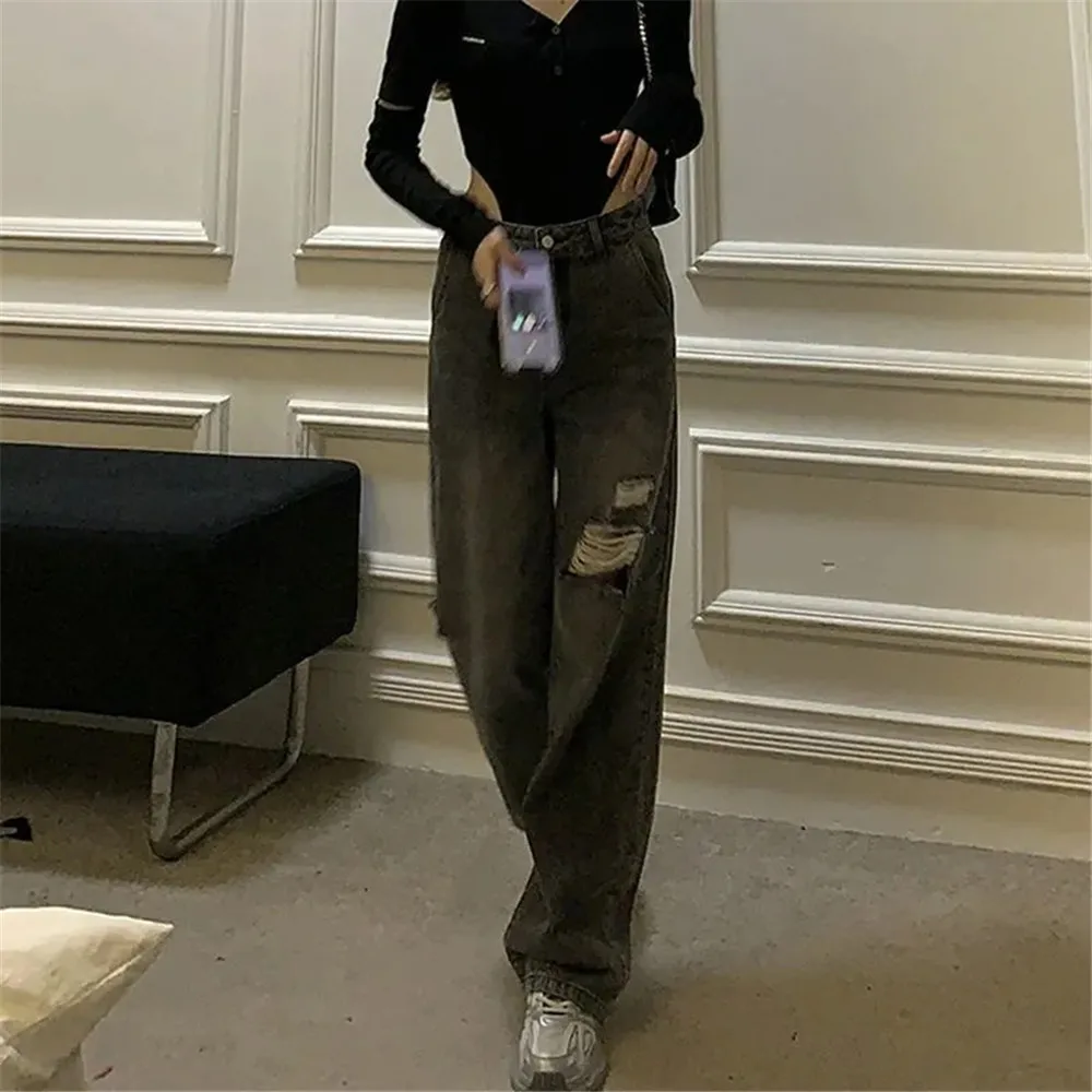 Vintage Ripped Jeans Women Loose Hole Full-Length Summer Fashion High Waist College Pantalones Cool Wide Leg Gray Denim Pants