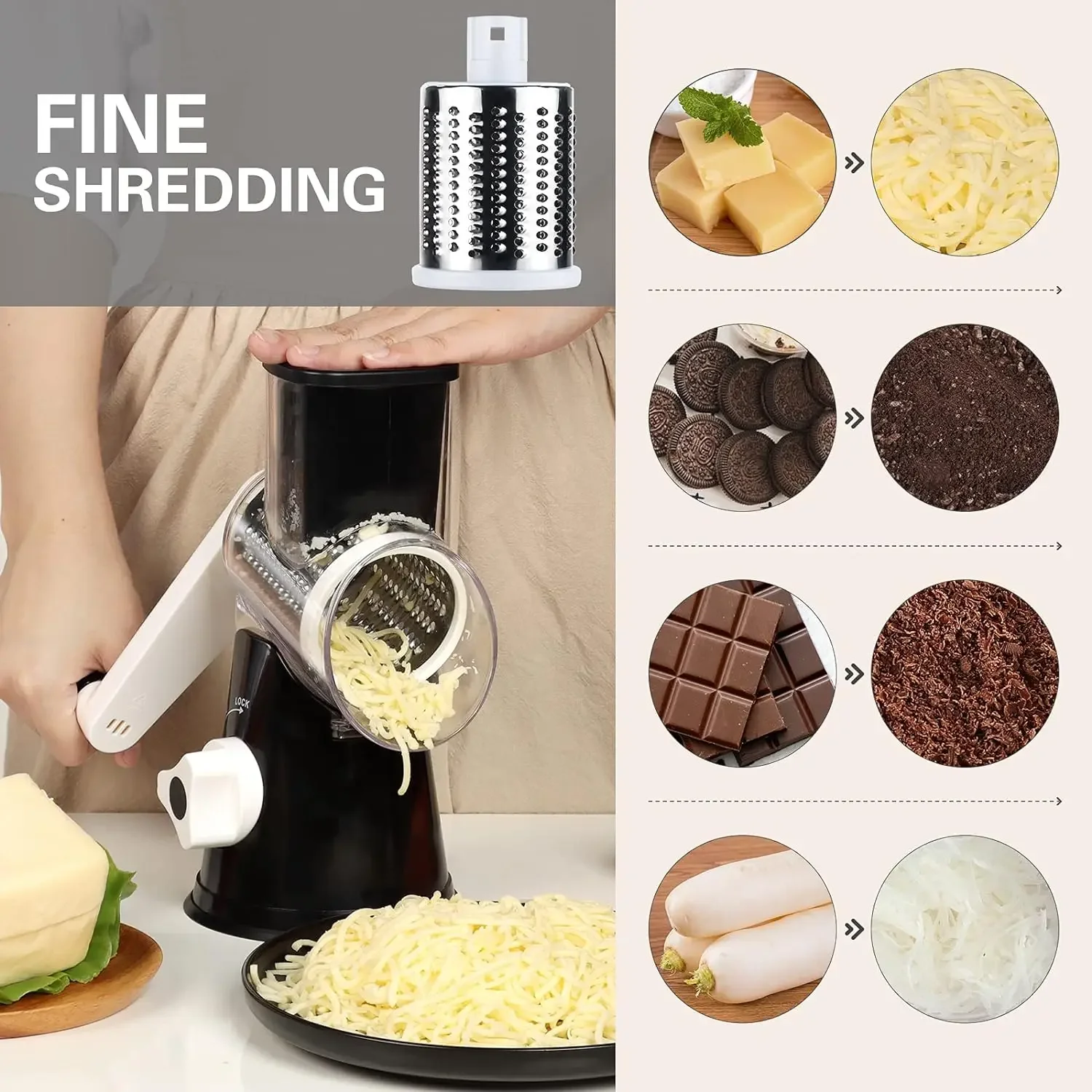 Rotary Cheese Grater Cheese shredder - Kitchen manual cheese grater with handle Vegetable slicer Nut grinder three-strand blade